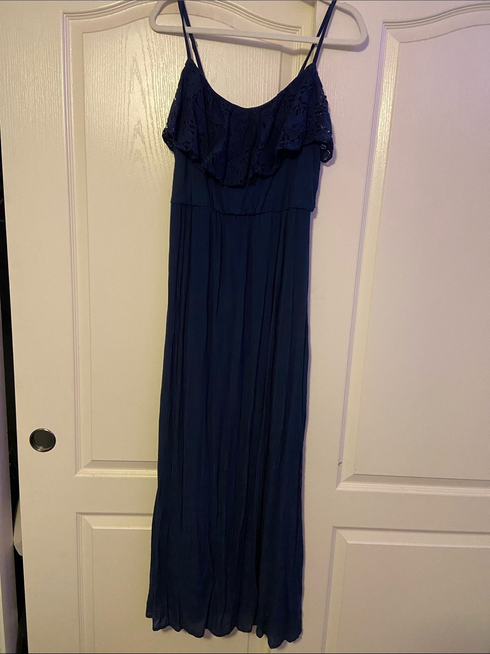 Iz Byer Navy Blue Spaghetti Strap Ruffle Maxi Dress